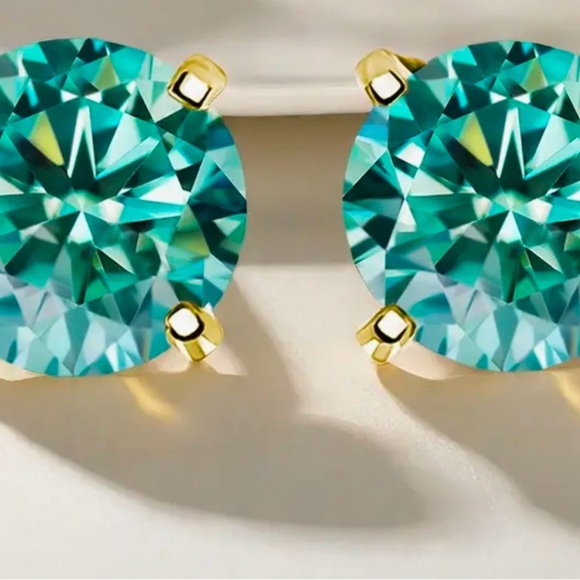 MOISSANITE Cyan Blue 2 c.t.w Earrings Set In 18K Yellow Gold - Picture 3 of 7